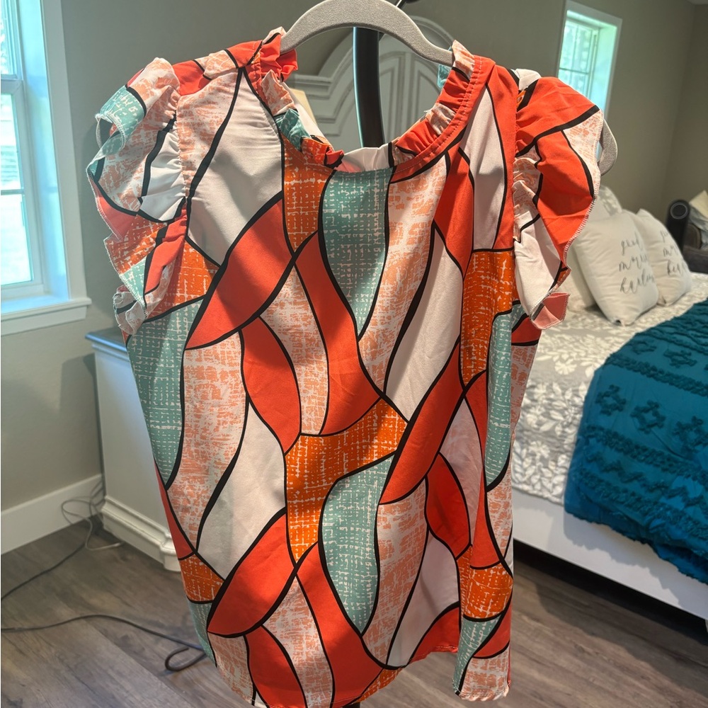 Entro Orange and White Ruffled Graphic Blouse